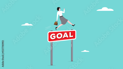 reach business goals or career success, overcome difficulty to achieve business goals, performance or skill to reach goal, businesswoman jump over hurdles to reach goals