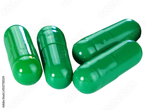 Bulk green capsule pills isolated on white background.