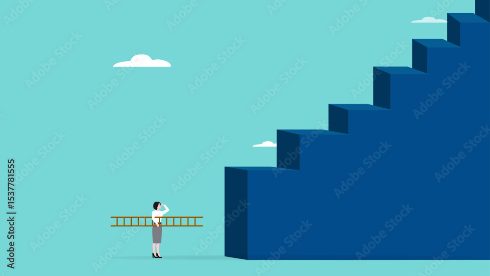 Fototapeta premium solutions to face the first steps that feel difficult, Smart businesswoman uses stairs to climb very large rung concept vector illustration