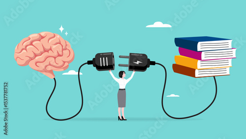 read books to learn new lessons, literature or intelligence information, improve literacy and numeracy skills, woman connect plug with stack of book with human brain concept vector illustration