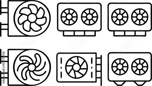 Gpu card icon set hardware and cryptocurrency mining symbols isolated on transparent background