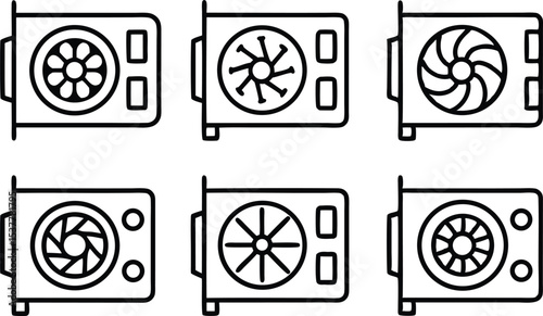 Graphics processing unit card icon set hardware and cryptocurrency mining symbols isolated on transparent background