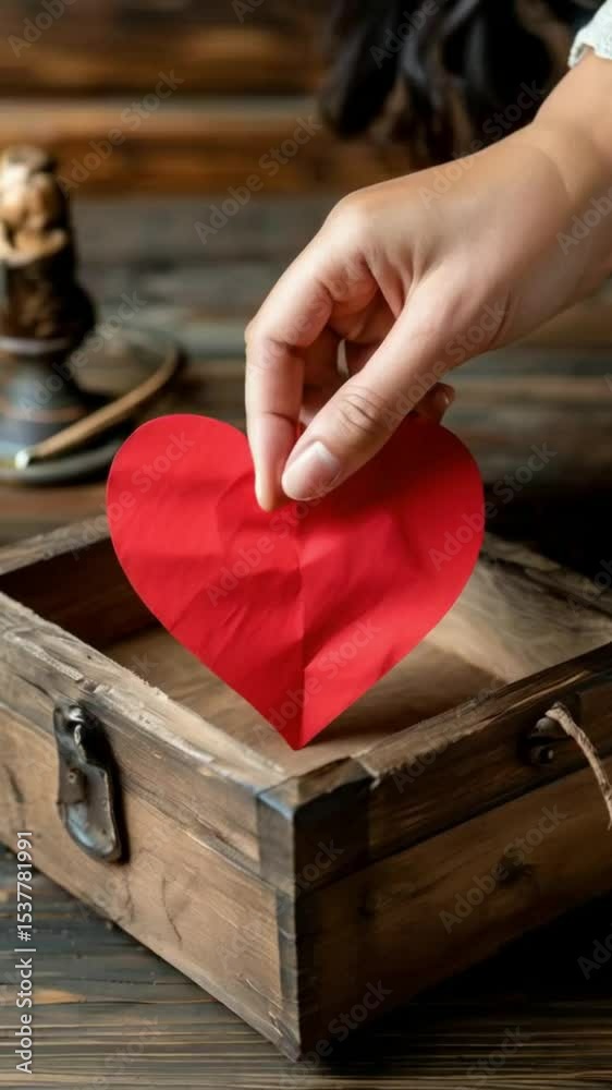 Woman's hand putting red paper heart into a wooden box 