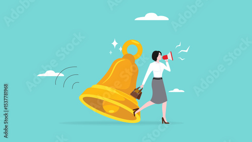 notification or announcement, Follow up customers on online business with notification to achieve sales targets, woman using megaphone standing next to big notification bell concept illustration