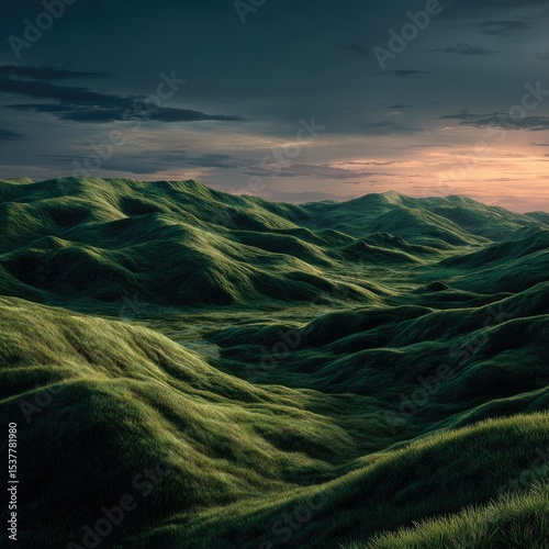 Lush green hills, dramatic sky
