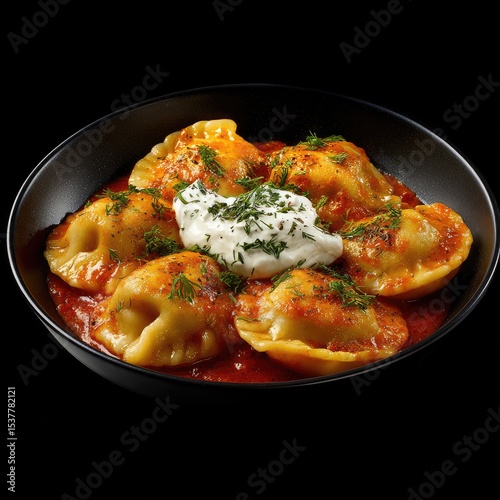 Pierogi in tomato sauce, topped with sour cream