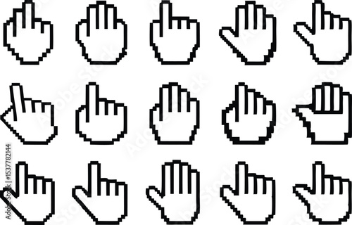 Retro pixel art hand gesture icons set isolated on transparent background