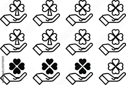 St patricks day icon set featuring a hand holding a clover isolated on transparent background