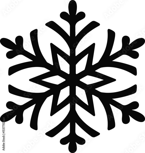 A symmetrical black and white snowflake design with intricate patterns and sharp angular edges displayed silhouette
