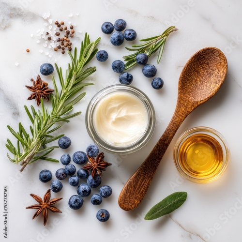 Natural cream jar surrounded by fresh herbs, berries, and honey