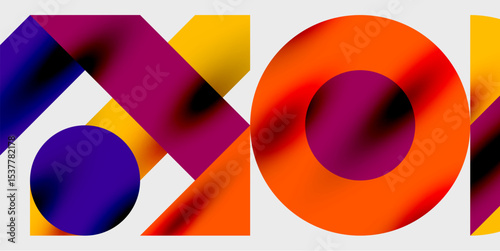 Abstract shapes, vibrant colors, dynamic composition. Modern design, gradients create visual interest. Bold letters form partial word.