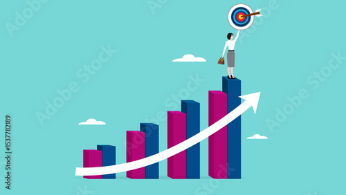 growth to achieve goals or career success, business growth on target concept, success step to reach goal, businesswoman standing on top of business growth chart while carrying dart boards