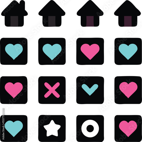 Set of Simple Icons with Houses and Hearts