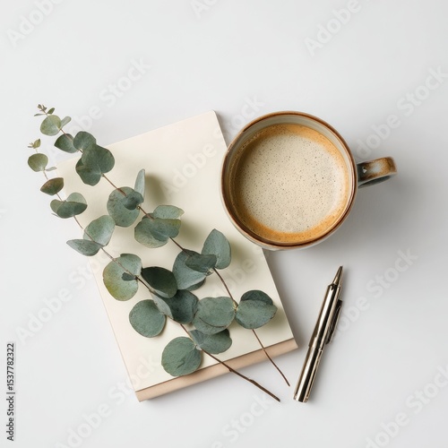 Simple workspace with coffee and eucalyptus