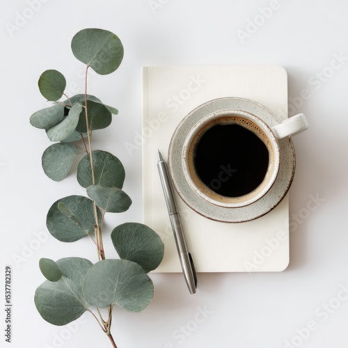 Coffee, notebook, eucalyptus leaves, simple desk