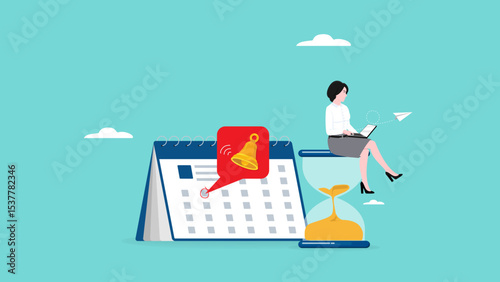 business deadline calendar to finish work, notifications or reminders of work completion deadlines, time countdown to launch date, businesswoman using laptop sitting on hourglass and deadline calendar