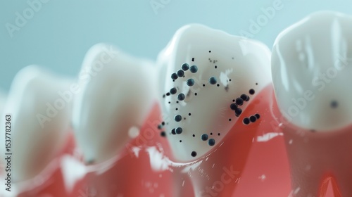 Close-up of a dental model with glowing oral bacteria on teeth, magnified under a microscope lens, showcasing dental hygiene and oral health concepts.