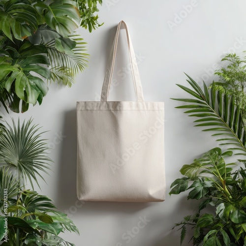 Cream-colored tote bag hangs amidst lush greenery