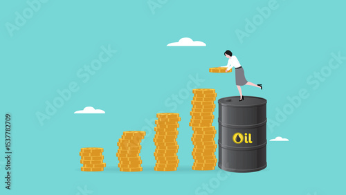 crude oil investment sales growth followed by a lot of income, Growth Earning From Compound Interest In oil Investing, business woman standing on oil barrel while making growth graph from money coin