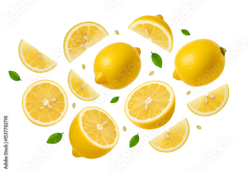 Wallpaper Mural Floating Lemon Slices and Whole Fruits, Isolated on White or Transparent Background Torontodigital.ca