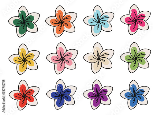 A vibrant vector illustration of frangipani (plumeria) flowers. The tropical design features detailed floral elements ideal for summer-themed projects, spa branding, natural cosmetics, or decorative p