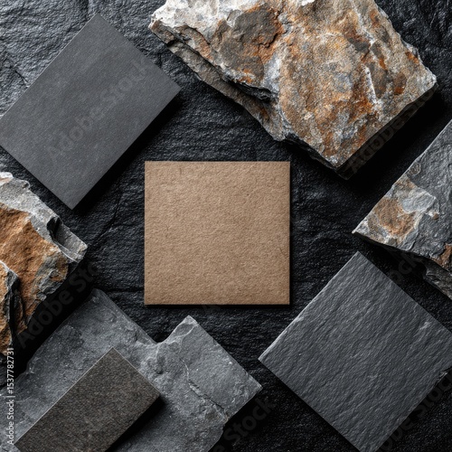 Blank card surrounded by stone samples