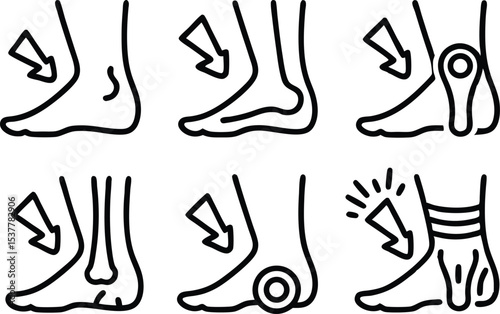Foot pain icon set depicting heel pain issues isolated on transparent background