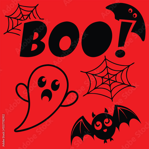 Spooky Halloween Boo with Ghost Spider Web and Bat