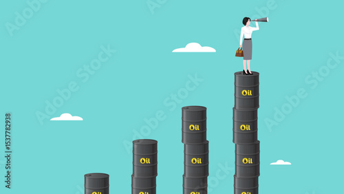 see business opportunity on oil and gas industry, strategy to success or business objective, woman who use a telescope to see the next business strategy standing on oil barrel stack growth graph