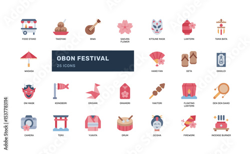 Obon Festival Flat Icon Set with Japanese Culture and Holiday Items