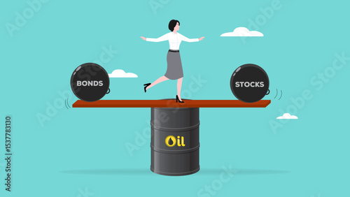 crude oil stock and bonds in balance, amount of oil demand that corresponds to market supply, balance of global oil supply and demand, woman standing on oil barrel balancing stock and bond balls