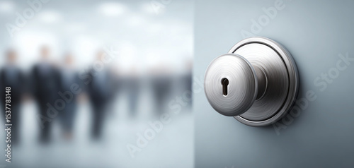 Metal door knob keyhole security office business modern safety privacy technology blurred people