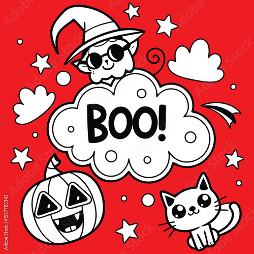 Cute Halloween Coloring Page with Witch Cat and Pumpkin