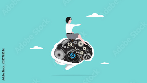 operate AI in business management, artificial intelligence an the future of project management to reach success or business goal, businesswoman riding the AI brain to control the management system