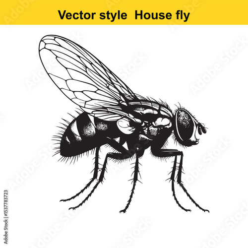 View of a Housefly in Black and White Line Art