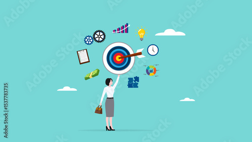 project management plan, design of business strategies to develop new products, work procedures to achieve business targets, woman holding pencil and dart board with business project management