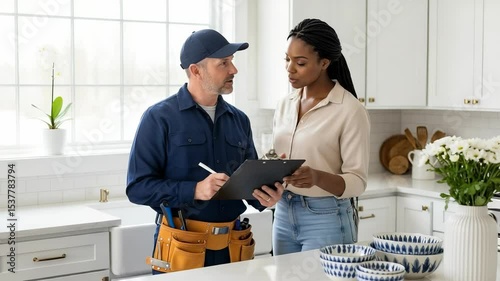 Handyman is writing notes on a clipboard while discussing a home repair with a homeowner in a modern kitchen, demonstrating collaboration and home maintenance