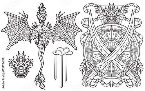 Design set with fantasy illustrations of dragon, swords and decorated elements for tattoo, print, tarot cards. Vector line art drawings isolated on white. Mystic, epic and adventures concept 