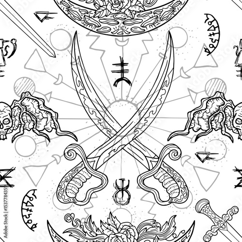 Seamless pattern with fantasy illustrations of swords, demons, mystic signs and decorated elements. Vector line art background with vintage, epic and adventures concept 