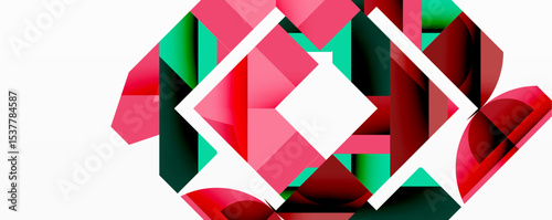 Abstract geometric composition. Overlapping shapes create dynamic visual effect. Pink, red, teal hues dominate design. Modern, minimalist aesthetic.