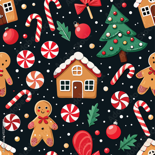 Christmas Pattern with Gingerbread House and Sweets