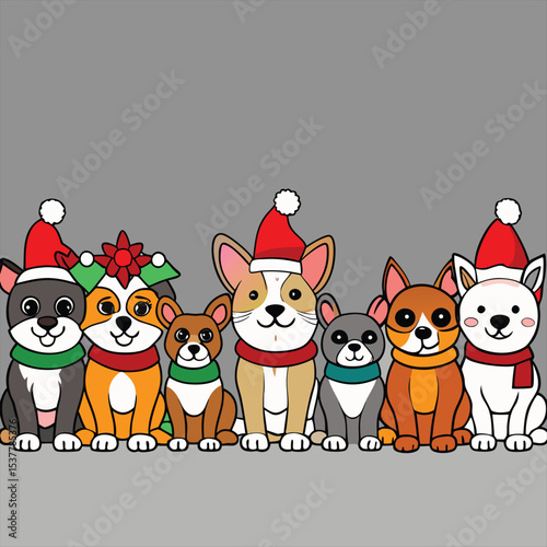 Cute Cartoon Dogs Wearing Santa Hats