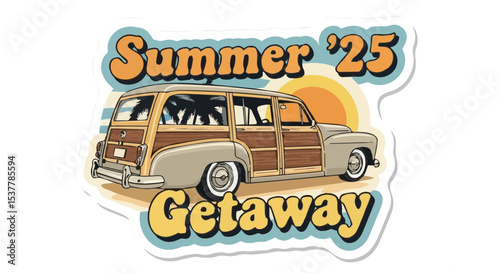 Retro car rear view with tropical sunset for summer travel