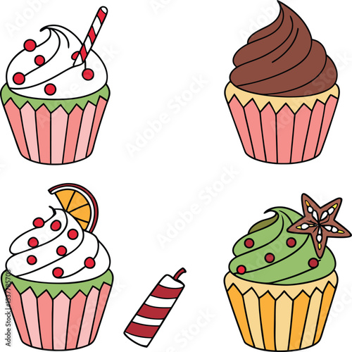 Four Cute Cartoon Cupcakes with Different Toppings