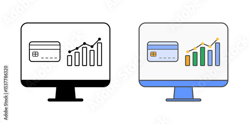 SaaS billing dashboard icon with a monitor, credit card, and graph in outline and color styles, ideal for cloud-based payment and subscription management visuals.
