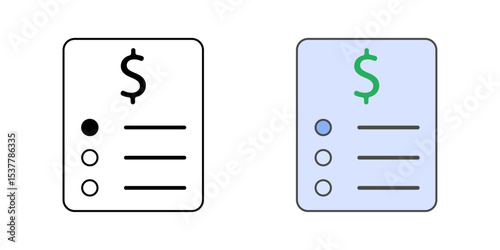 Subscription plan icon showing a checklist layout with check marks and a dollar sign, in outline and color styles, ideal for pricing tiers and SaaS service plans.