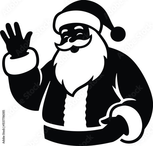 A monochrome illustration of santa claus waving with a jolly expression and christmas spirit present here silhouette
