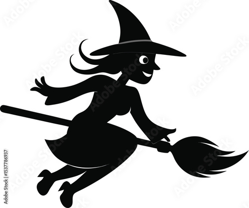 Smiling Witch Silhouette Flying on a Broomstick