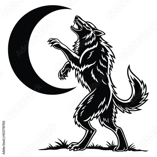 Angry Wolf Howling at the Crescent Moon