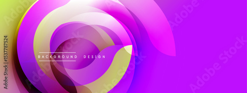 Abstract vibrant design. Circular layers create dynamic flow, purple dominates, yellow accents present. Modern aesthetic.